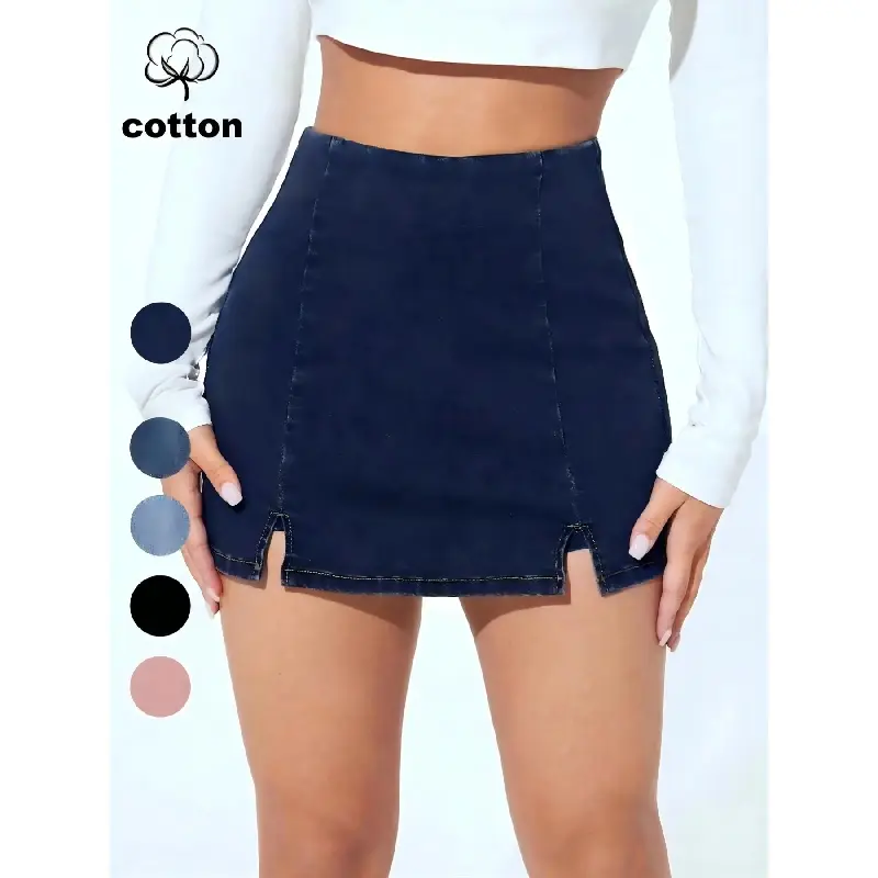 Women's Petite High-Waist Split Denim Skirt - Slim-Fit Half-Sleeve Solid Pattern Fashion Bottom for Petite Figures