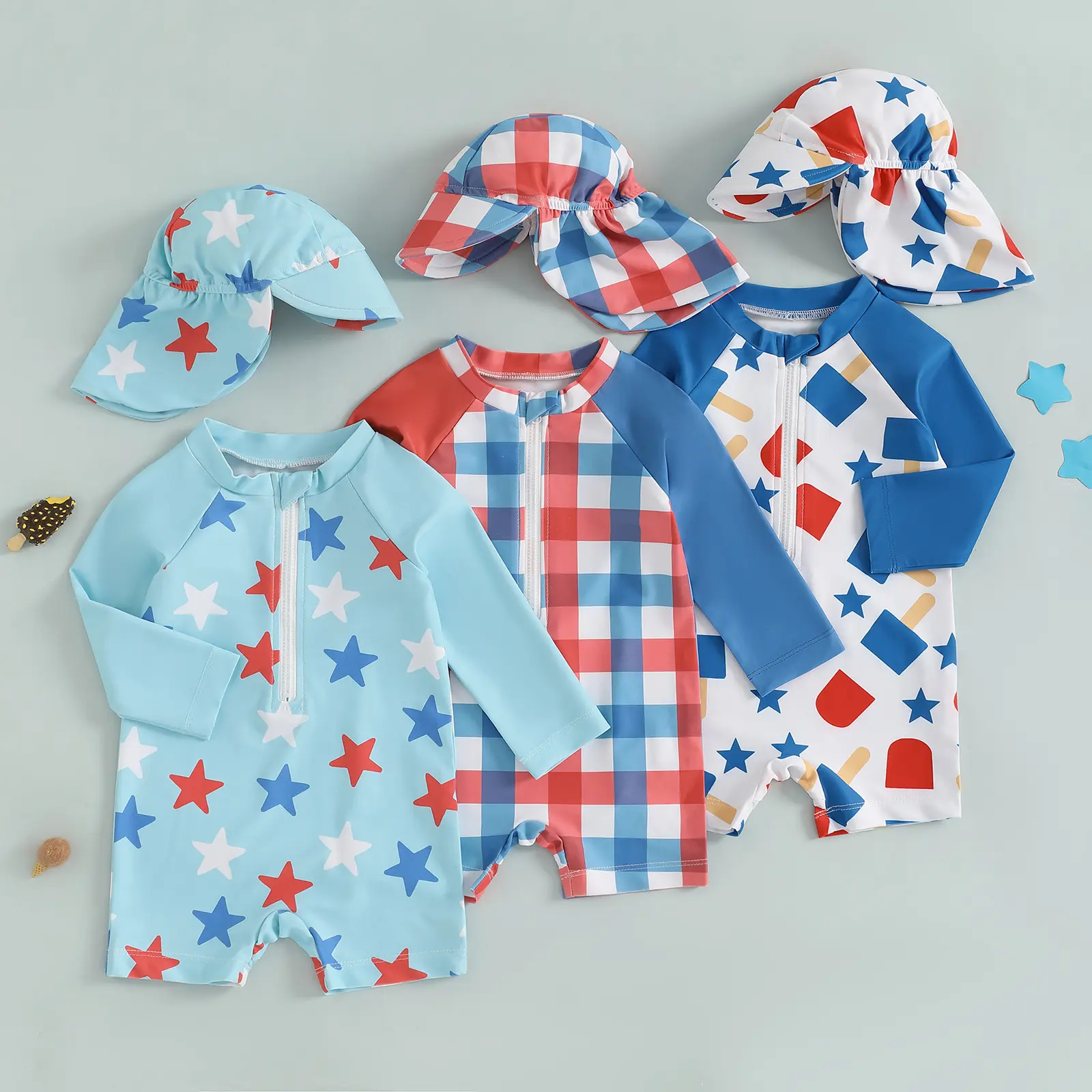 REDWOON Baby Boy 4th of July Swimsuit Toddler Popsicle/Star/Plaid Print Half Zip  Bathing Suit Swimsuit Rash Guard Surfing Suit Hat