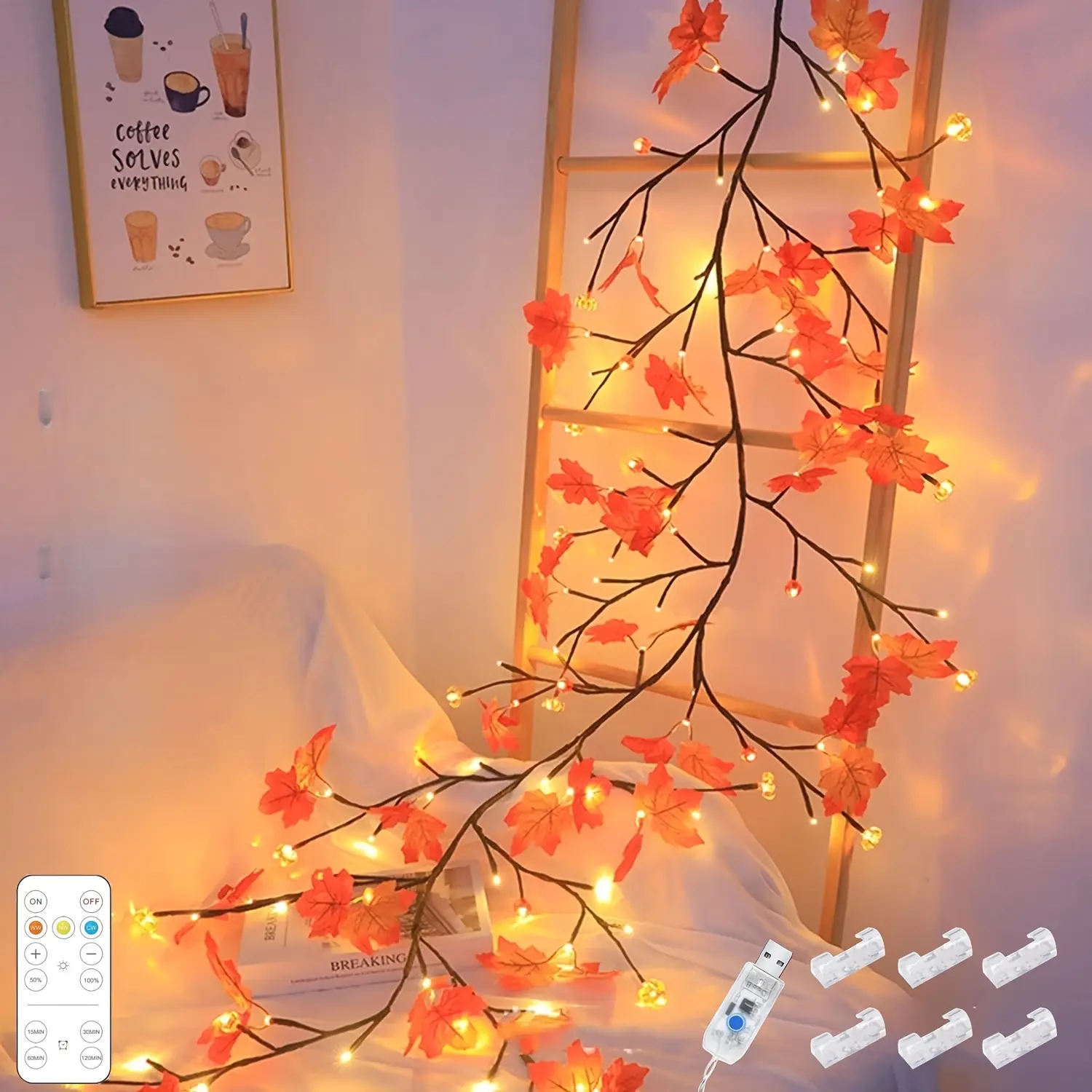 Enchanted Maple Leaf Willow Vine LED Lights, 3.9/6.2/7.55FT 48/96/144 2-Color Blossom Tree Branch Lights with Remote Timer, 8 Modes, for Bedroom Walls/Doors, Christmas Decor, LED Decoration