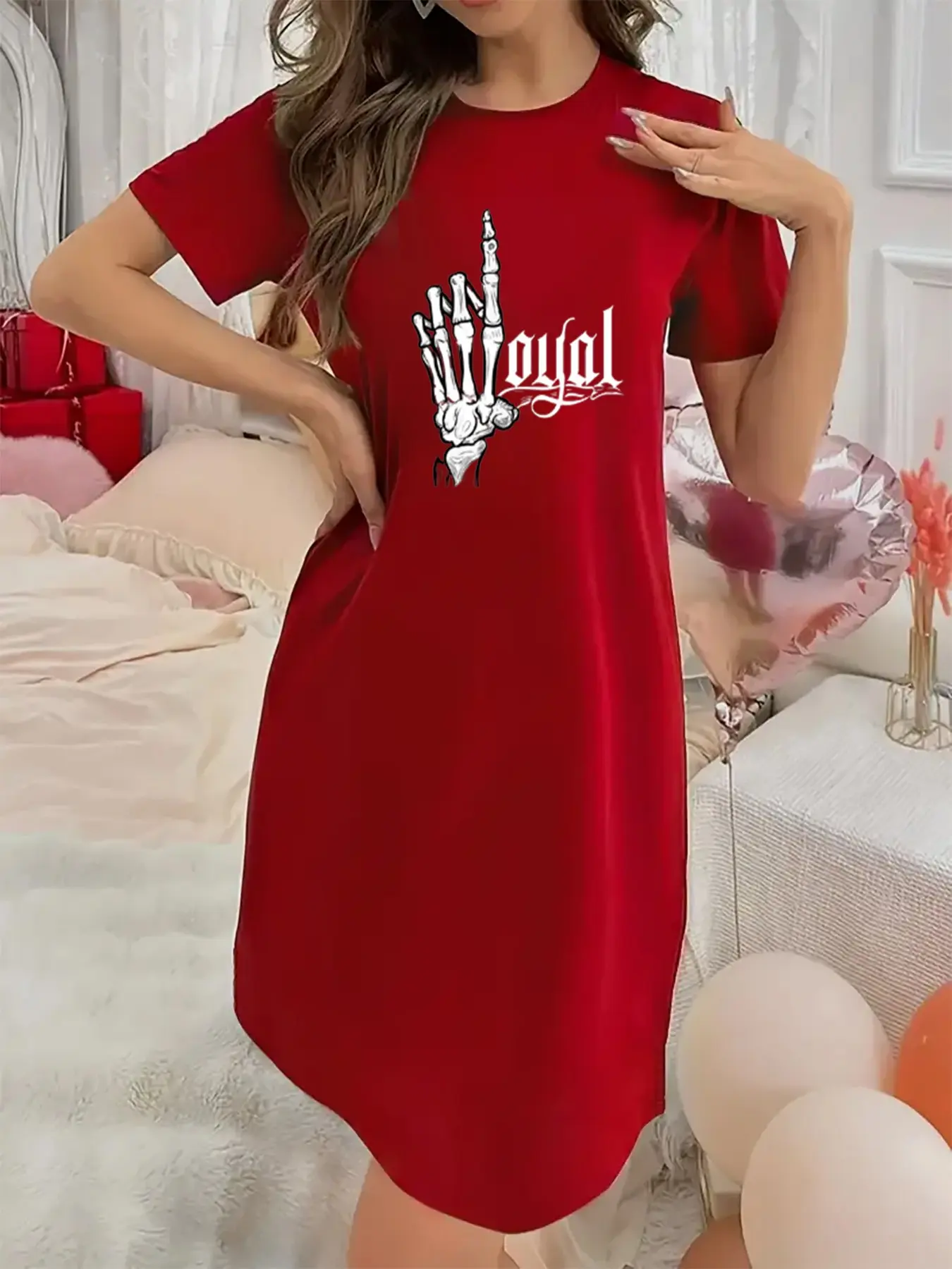 Soft Micro Elastic Summer With Loyal Skull Hand Gothic Print Short-Sleeved Crew Neck Night Dress - Machine Washable, Casual, Comfortable Homewear For Women Cute Short gown night gown women Suitable for Halloween, Christmas and Thanksgiving