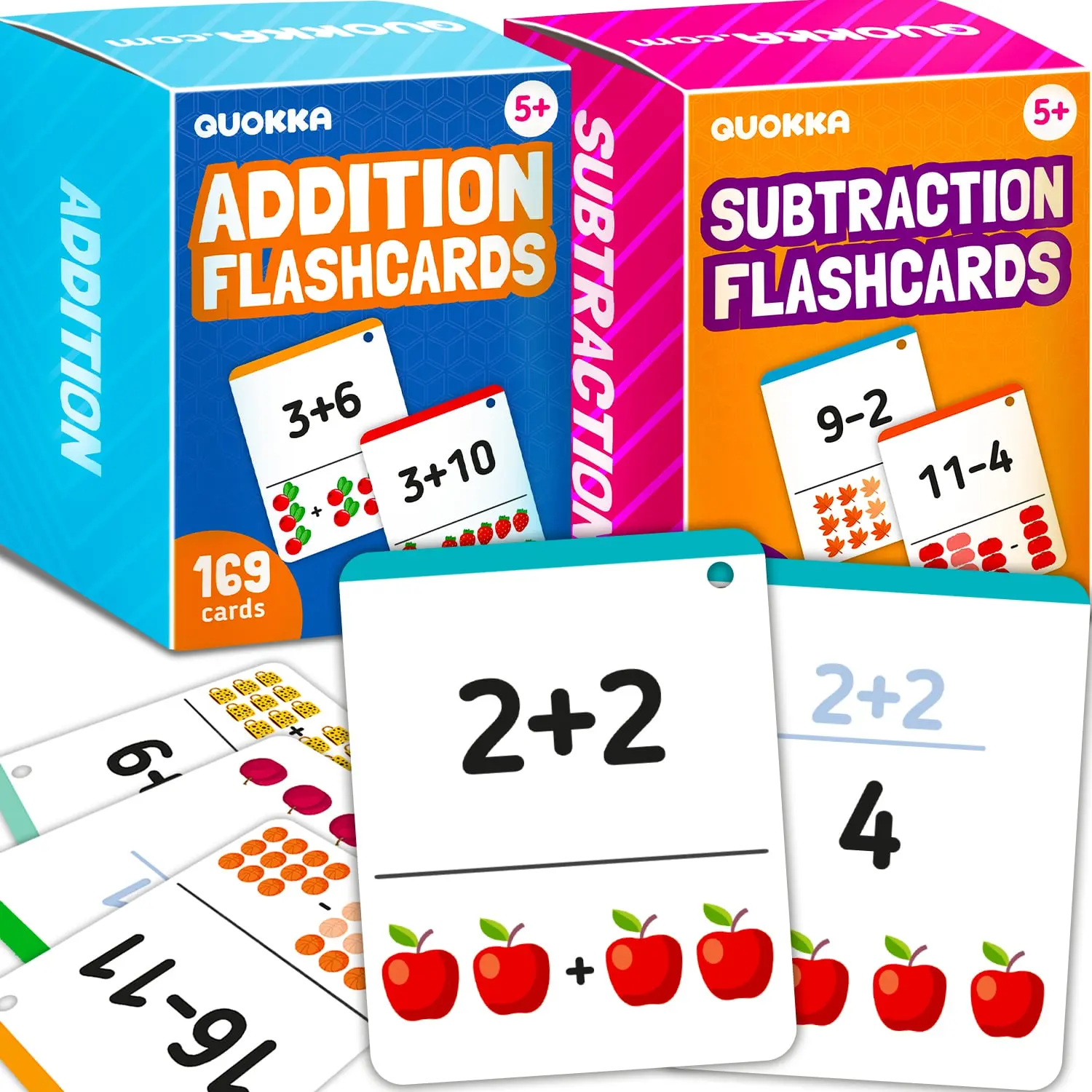 QUOKKA Addition & Subtraction Flash Cards Set for Kids Ages 4-8 – 338 Jumbo Math Flash Cards with Visual Aids, Sorting Rings & Reference Cards