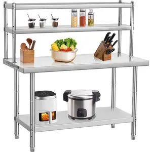 New Upgraded Utility Tables Durable Stainless Steel Work Table with Overshelves, 36" x 24" Prep Table for Kitchen, Restaurant, Garage, and Warehouse Tasks