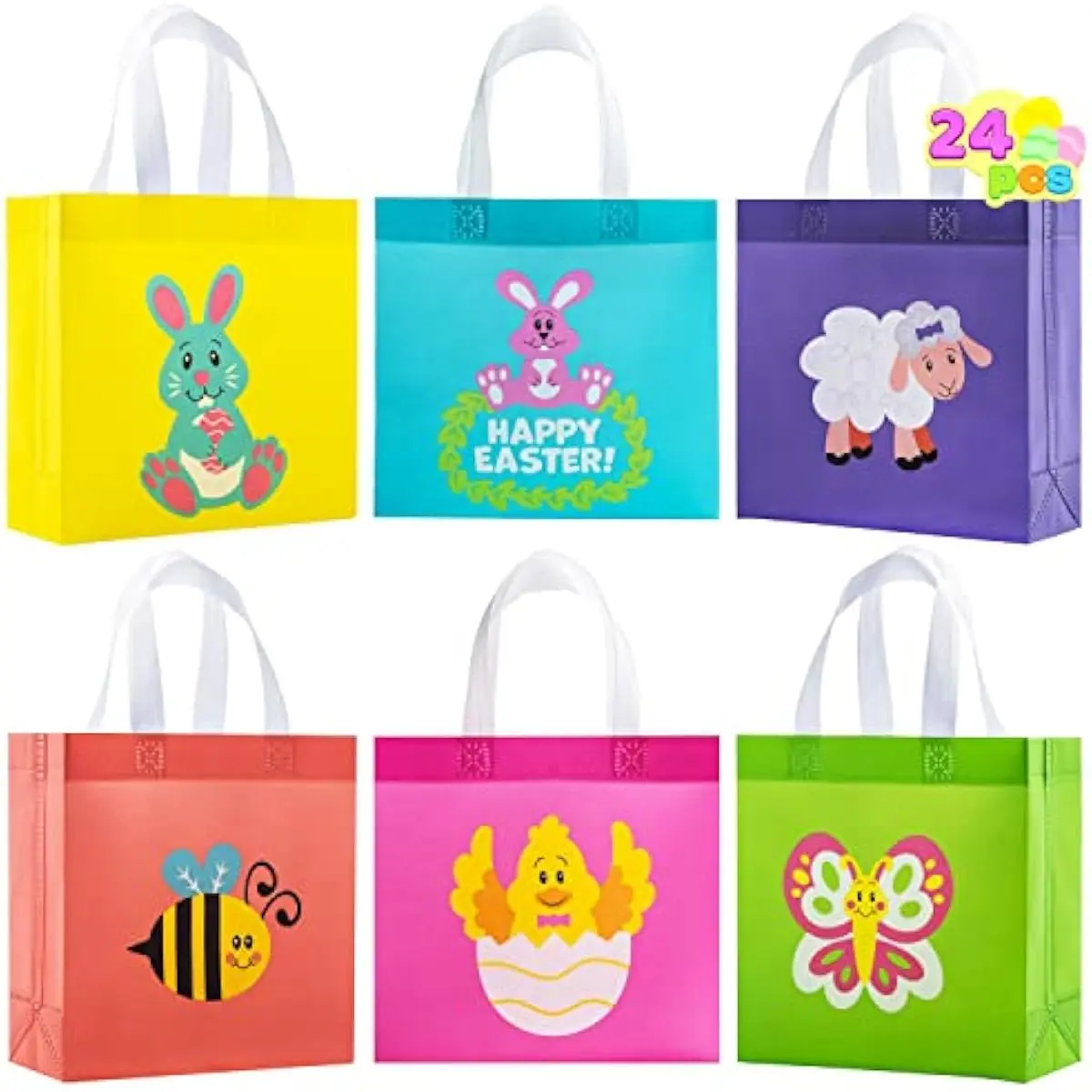JOYIN 24 Pcs Easter Gift Bags with Handles for Kids, Non Woven Tote Goodie Bags Candy Bags Party Treat Bags for Easter Egg Hunt, Easter Kids Party Favor Supplies
