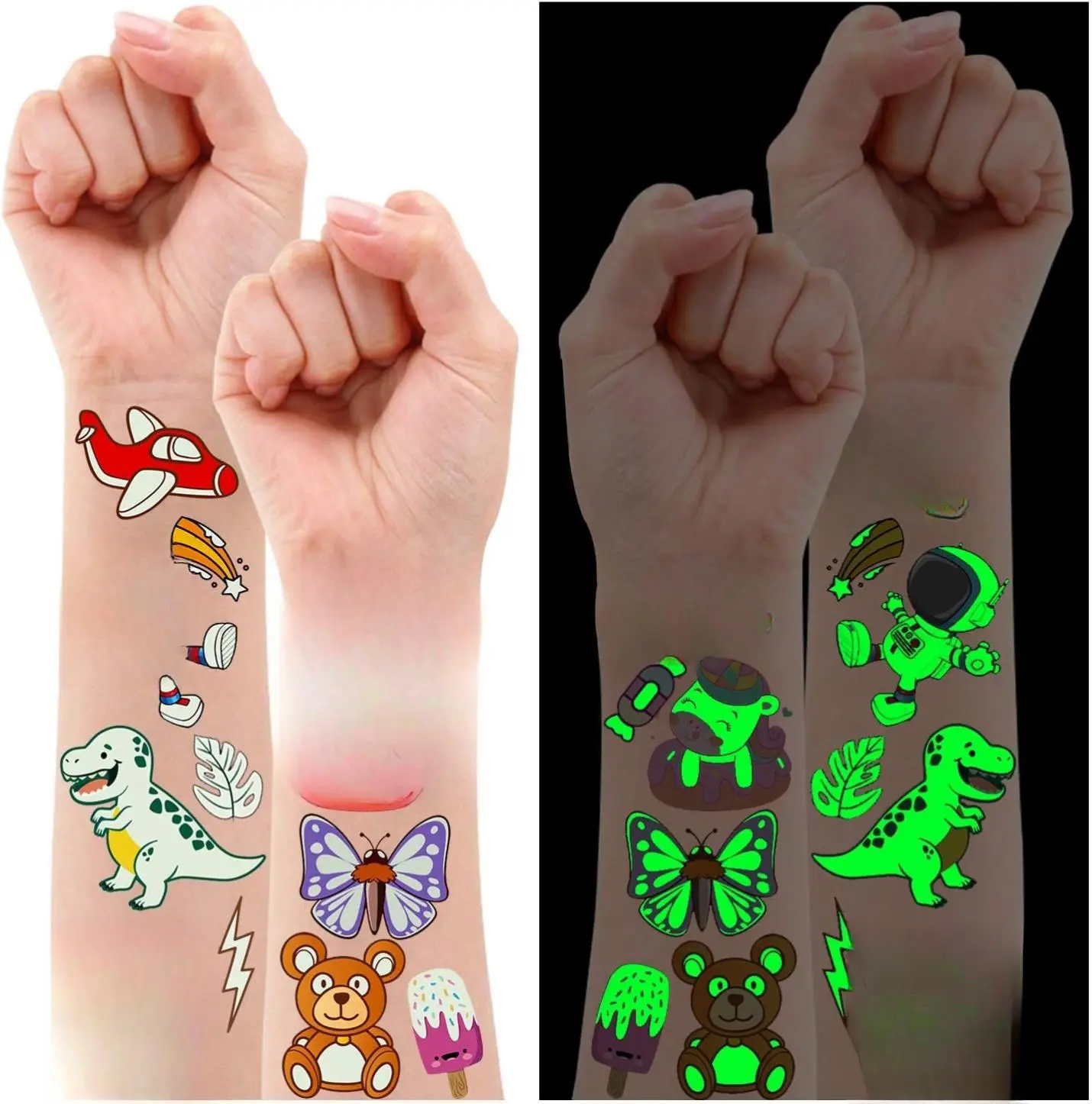 Glow in The Dark Temporary Tattoos for Kids - 380 Mixed Styles on 30 Sheeted Paper Sheets, Colorful & Design Temporary Tattoos, Luminous Sensitive Skin Party Decorations with Dinosaur, Mermaid, Space Themes