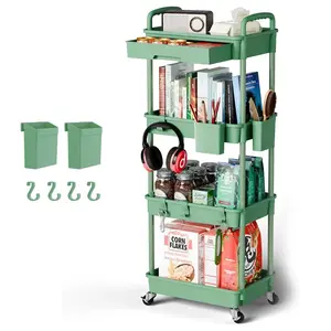 4 Tier Rolling Cart Organizer,Art Craft Diaper Bedside Snack Laundry Room Bathroom Organizer Narrow Thin Slim Rolling Trolley Utility Cart with Wheels for Kitchen,Office(Green)