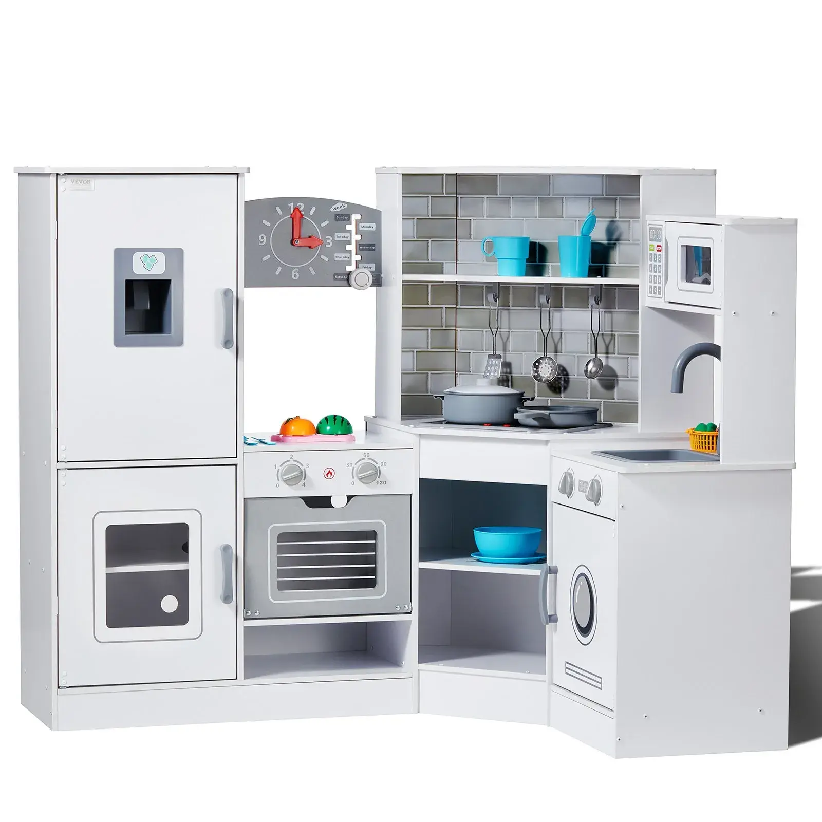 【SummerFinds】Kid-Safe Nontoxic Corner Wooden Play Kitchen Toy Set, White Pretend Play Set with Lights, Sounds, Ice Maker, Oven, Sink, Clock, Microwave, Refrigerator & Accessories for Toddlers, Kid-Safe Kitchen Playsets, Nontoxic Kitchen Playsets