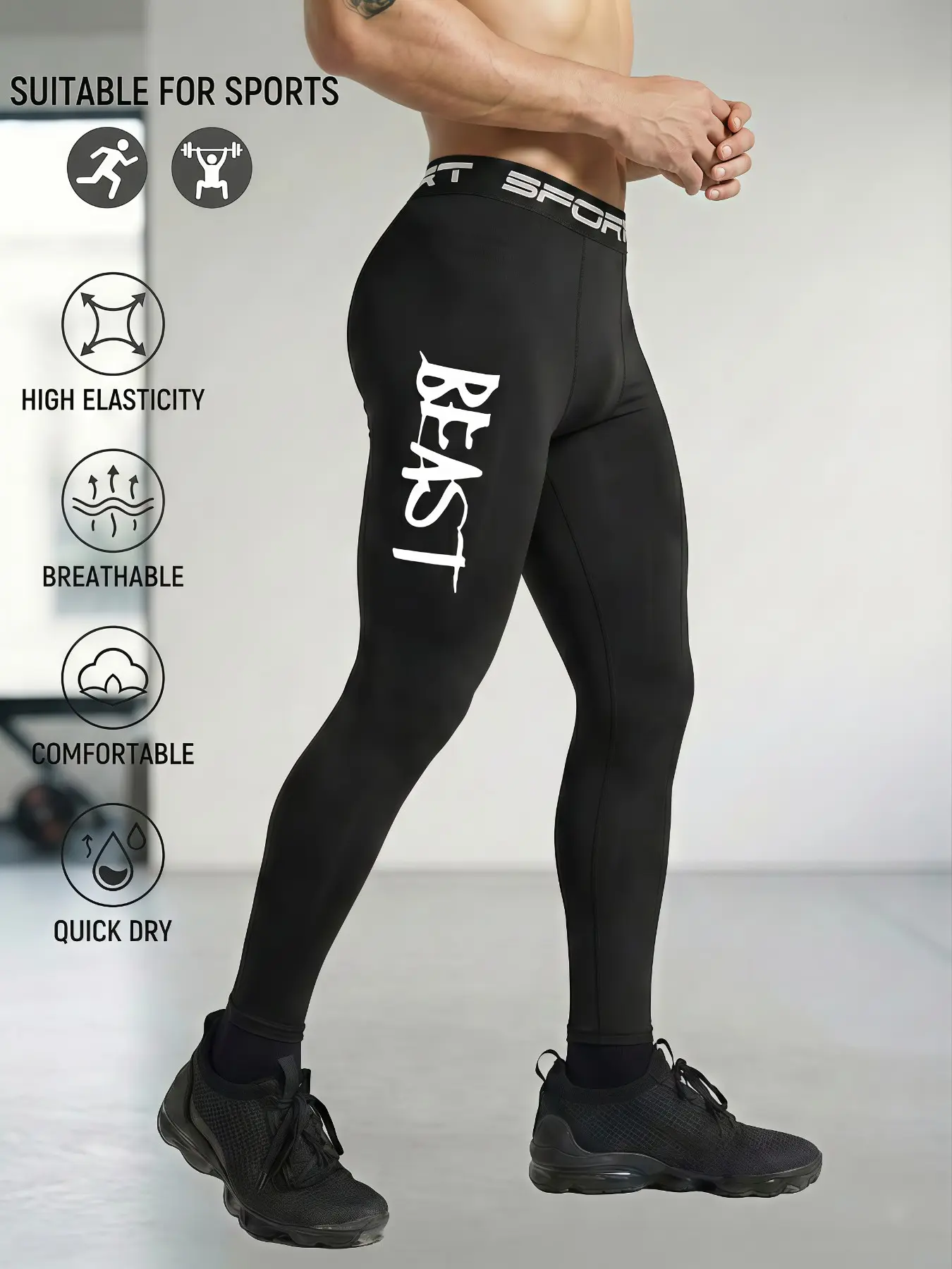 1pc Men's "BEAST" Letter Print Compression Pants, High Stretch Quick Dry Running Tights, Breathable Athletic Base Layer for Gym, Bodybuilding & Workout, Compression Leggings, Sports Stretchy Leggings, Tight Fitness Pants