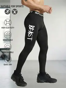 1pc Men's "BEAST" Letter Print Compression Pants, High Stretch Quick Dry Running Tights, Breathable Athletic Base Layer for Gym, Bodybuilding & Workout, Compression Leggings, Sports Stretchy Leggings