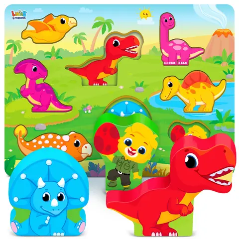 Lucas & Friends Vibrant Jumbo Wooden Dinosaur Jigsaw Puzzle - 8-Piece STEM Montessori Puzzle, Toys for Boys Ages 2-4, Smooth Durable Wood, Easy Tiny-Hand Grip, Screen-Free Learning Fun, Boosts Memory & Early Learning, 1.5 lbs Birthday Gift