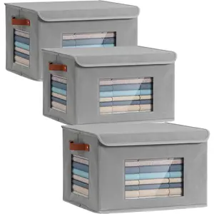 Storage Bins for Clothes, 40L Large Collapsible Stackable Closet Organizer Containers, Storage Boxes with Lids,Storage Cube Basket, Clear Windows & PU Leather Handles, Pack of 3, 17x12x12 Inch