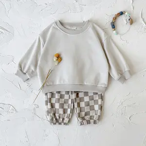 Two-Piece Set New Spring/Autumn Baby Outfit Apricot Color Round Neck Loose Fit Sweatshirt + Plaid Sports Pants Infant Toddler Clothing