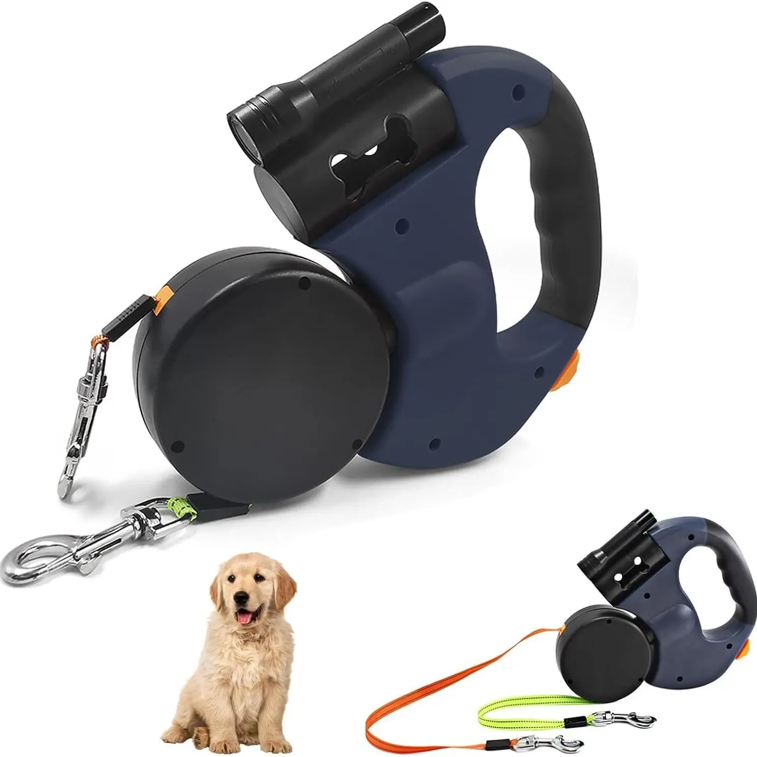 Double Dog Retractable Dual Leash, 360° Rotating Anti-Tangle, Reflective Nylon, 3m/9.8ft, One-Button Lock, Ergonomic Handle, Poop Bag Holder, Swivel Leash