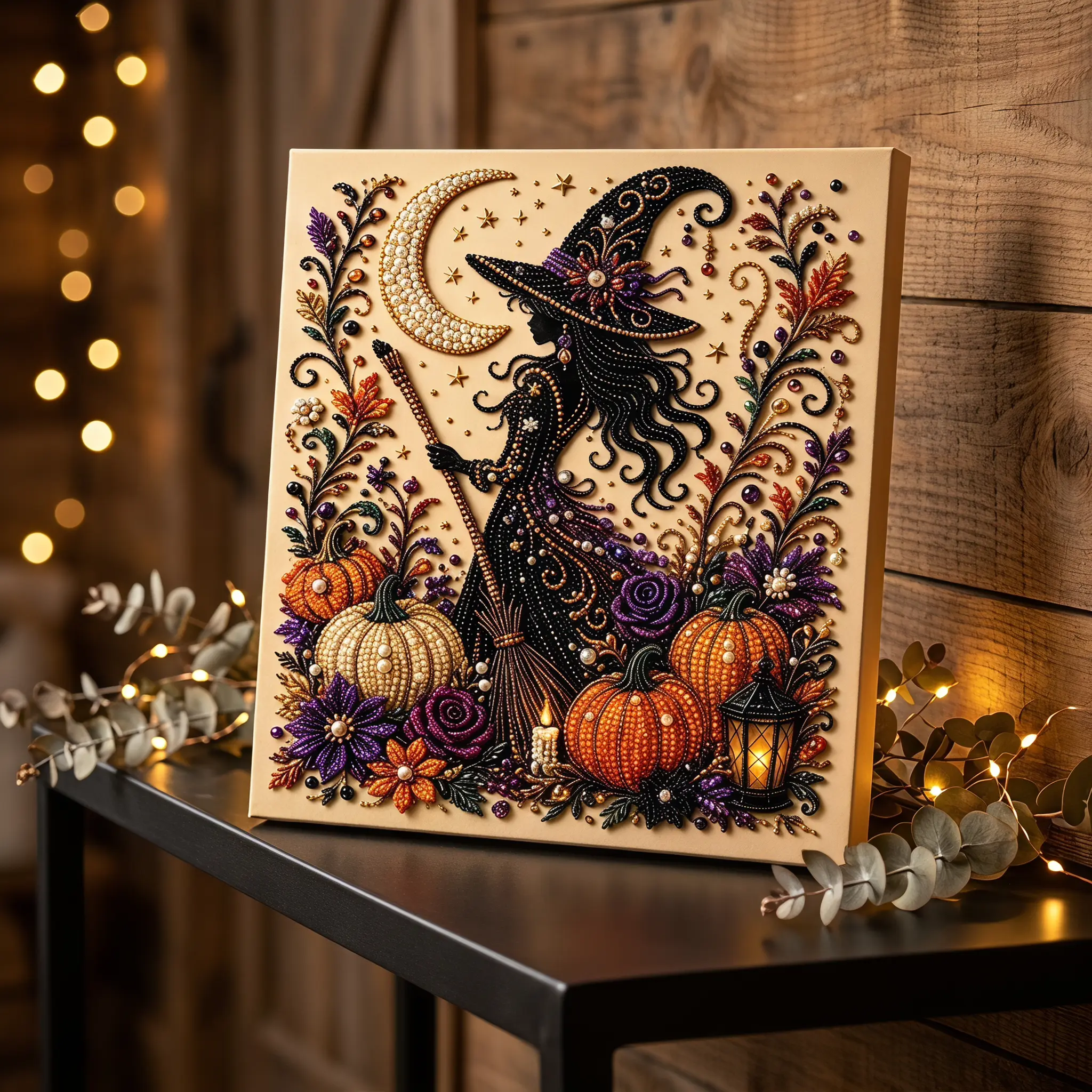 【SummerWins】Witch Silhouette Beaded Canvas Kit, Halloween Themed Crystal Craft for Home Wall Art