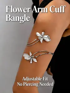Elegant Luxury Floral Arm Cuff Bangle Adjustable Fit Women Sparkling Glossy Shiny Party Wedding Evening Date Night Outfit Stylish Chic Trendy Pretty Cute Charm Jewelry Accessory Gift