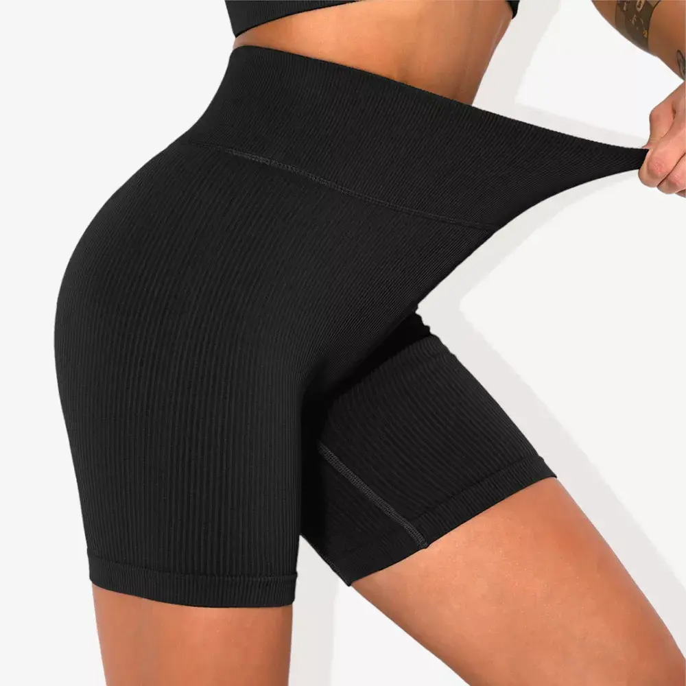 Anna-Kaci Women's High-Rise Nylon Ribbed Seamless Fitted Biker Shorts, Female Sporty Chic Compression Active Bottoms for Yoga, Short Length Professional Sports Clothing