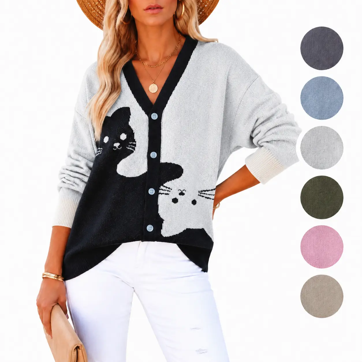 Women's Fitted Chic Colorblock V-Neck Button-Down Polyester Knit Cardigan - Casual Autumn Outerwear, Gift for Girlfriend, Athletic Style (Do Not Dry Clean)