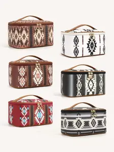 Boho Style Ethnic Pattern Makeup Bag, Large Capacity Cosmetic Bag, Portable Cosmetic Travel Bag with Zipper and Carry Handle, Western Makeup Bags for Women, Makeup Storage Bag, Makeup Organizer Pouch