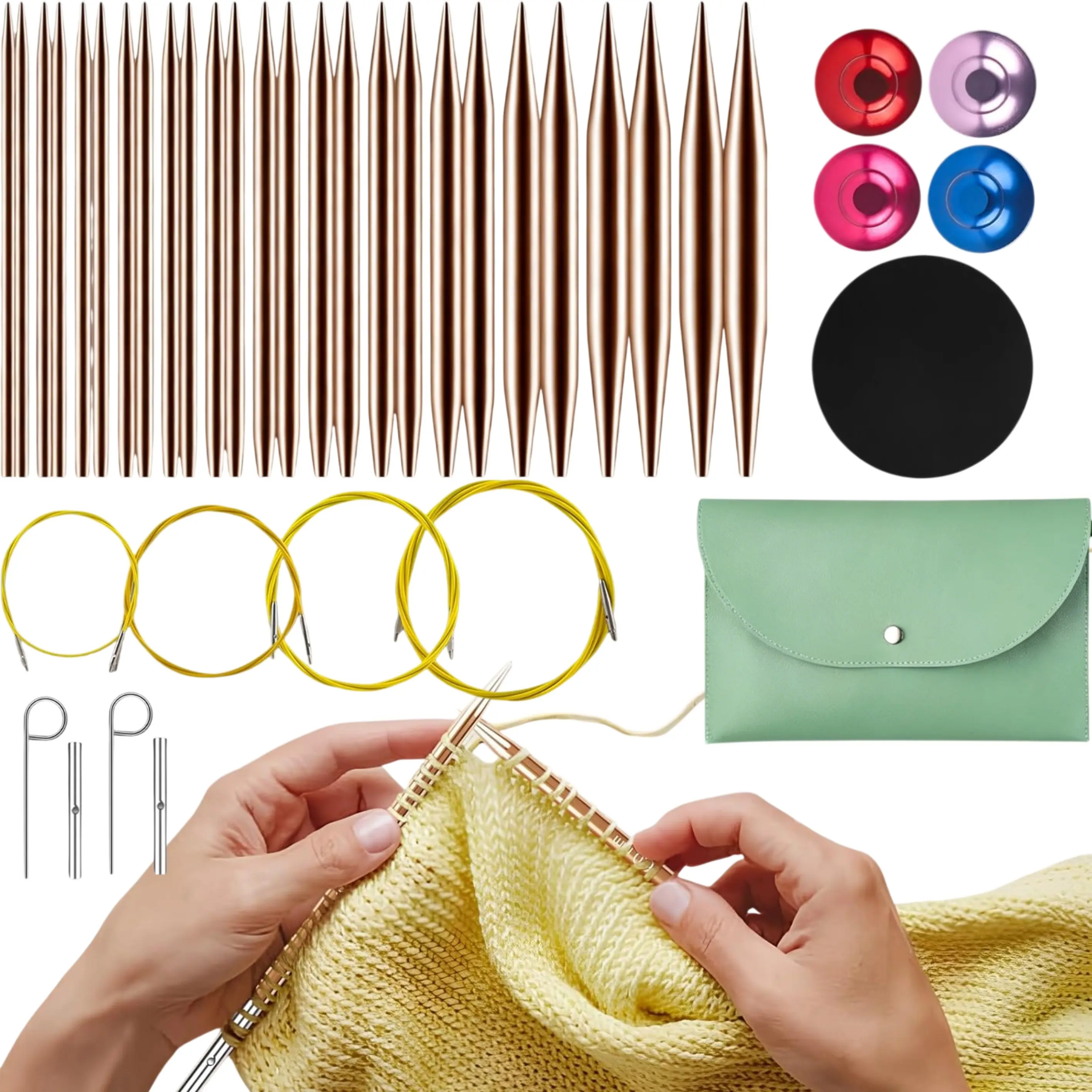 Interchangeable Aluminum Circular Knitting Needles Set - 13 Pairs of 4 Inch (10cm) Needles with 4 Cables, Needle Holders & Leather Bag - Perfect for Smooth Knitting & Versatile Projects