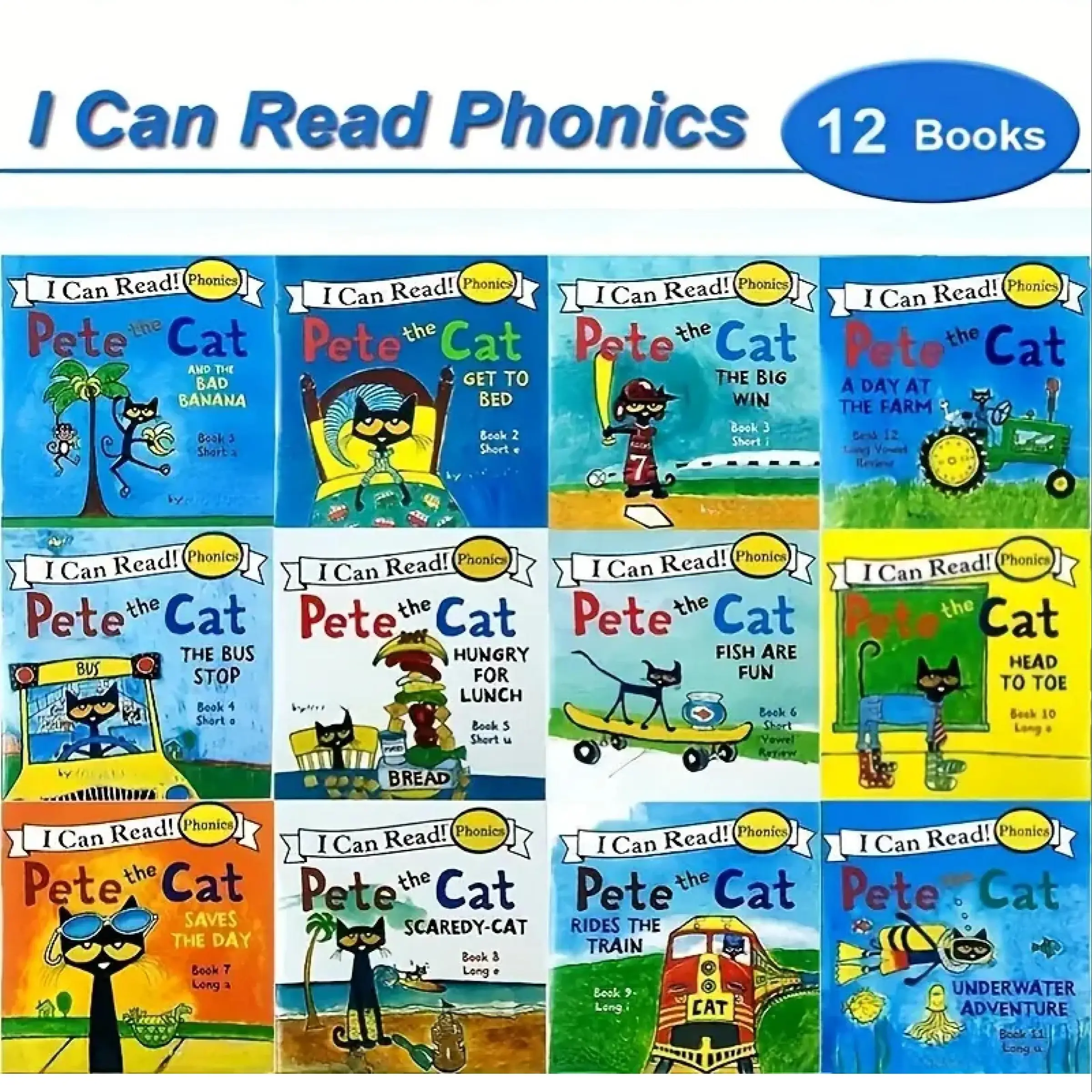 Pete Cat Natural Phonics Mini Book Set, 12 Books for Toddlers, Kids Ages 3-6, Long and Short Vowel Introduction, Professional Reviewed, Early Reading Book, Preschool Learning Book, Kindergarten Readiness Book, Early Reader Books, Childrens Book