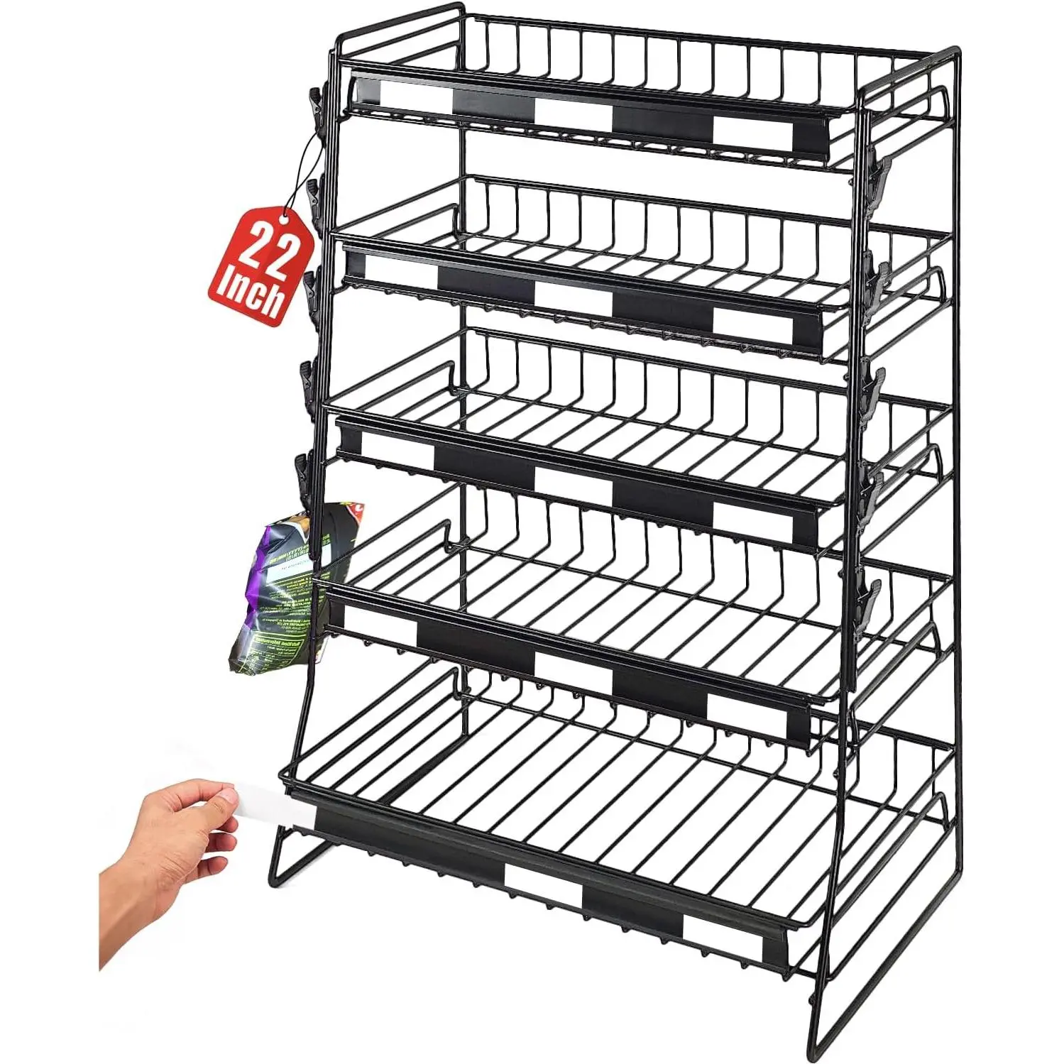 5-Layer Metal-Frame Durable Candy Display Stand - Retail Display with Open Visibility, Label-Ready, 5-Tier Benchtop Home Organizer Shelf for Concessions, Kitchen (Black) - Boosts Customer Attention