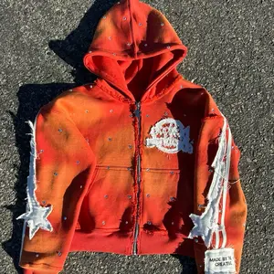 Distressed Heatwave Zip Up Hoodie with Rinestones