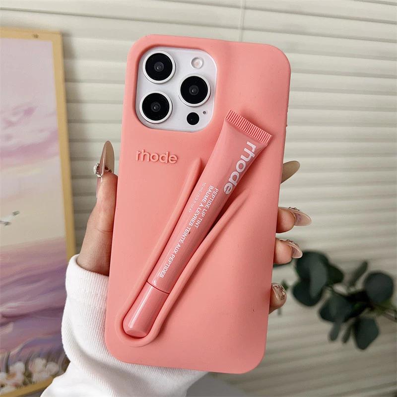 Silicone Phone Case with Lip Gloss Holder Minimal Style iPhone 11–17 Pro Max Soft Touch Cute Makeup Inspired Design