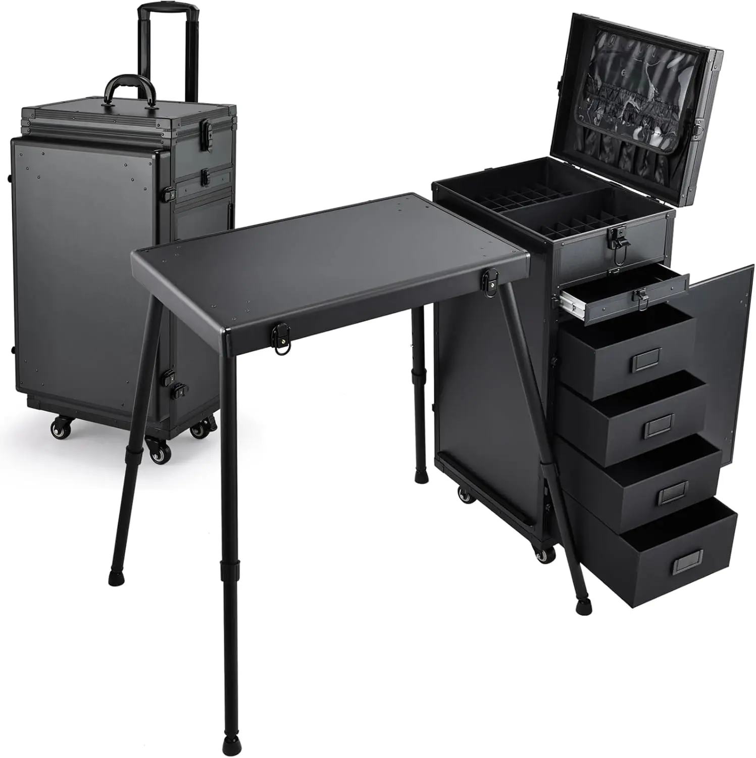 Rolling Manicure Table Foldable Nail Table Makeup Train Case on Wheels Cosmetic Trolley with 5 Drawers & Brush Pouch for Technician Workstation Salon