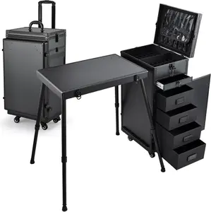 Rolling Manicure Table Foldable Nail Table Makeup Train Case on Wheels Cosmetic Trolley with 5 Drawers & Brush Pouch for Technician Workstation Salon
