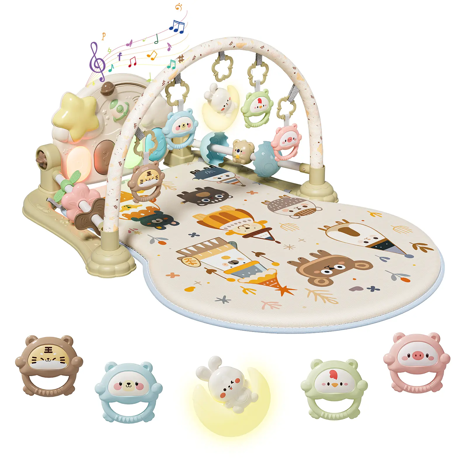 AIBEIQITOY Baby Kick & Play Piano Gym Mat, Tummy Time Activity Play Mat with Music, Lights & Hanging Sensory Toys for Newborns 0-12 Months, Padded Play Mat, Play Mats