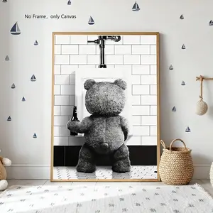 Bear Hugging Beer Wall Art, Vintage Poster Print, Minimalist Canvas Painting, Unframed Painting, Home Decor for Bathroom Bedroom Living Room