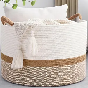 Large Blanket Basket, 20"x13"85L Woven Storage Baskets With Handle, Cotton Rope Blanket Basket Living Room, Baby Laundry hamper for Blanket, Nursery, Toy, Pillow