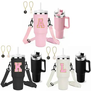 Sports Cup Set, A-Z Cup Holder Bag for 40oz Thermos Cup with 2 Letter Chain, 1 Self-Adhesive Chenille Letter, Reusable Stainless Steel Insulated Water Bottle to Keep the Drink Cold for 34 Hours, For Grandma and Mom's Female, Tumbler
