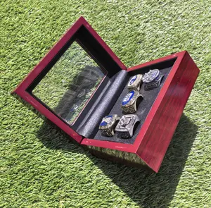 GIFT SET COMMEMORATIVE RINGS FOR 5-TIMES RUGBY CHAMPIONSHIPS, 5 RINGS SET WITH 5-HOLE WOODEN DISPLAY BOX PACKAGING, HOLIDAY GIFT FOR BASEBALL FANS
