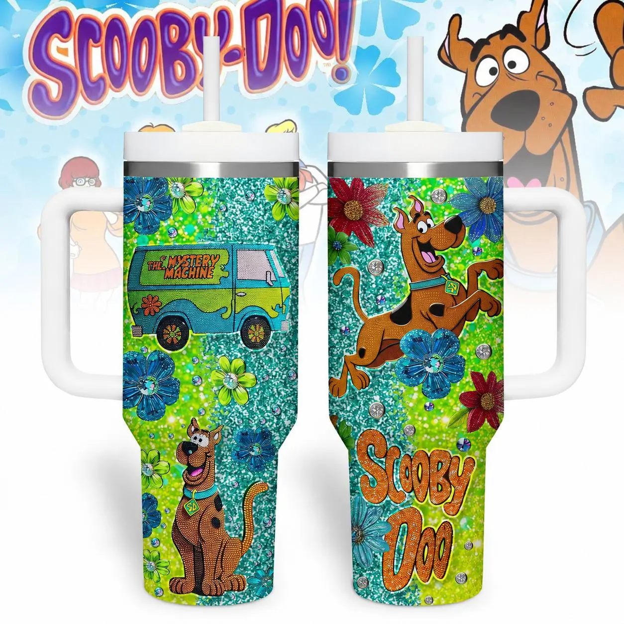 Scooby 40oz Tumbler with Handle & Straw, Stainless Steel Insulated Travel Mug, Mystery Machine Glitter Cup, Cartoon Dog Travel Cup, Gift for Scooby Fans, Retro Cartoon Lover Gift, Cute Drinkware