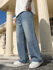 Viral Pearl-Embellished Baggy Jeans! 🎁 Handmade Pearl-Embellished Black Baggy Straight-Leg Jeans | Y2K Millennial Style Non-Stretch American Streetwear Trend, Ideal Boyfriend Gift | TikTok-Hit Street-Style Jeans with Design Sense