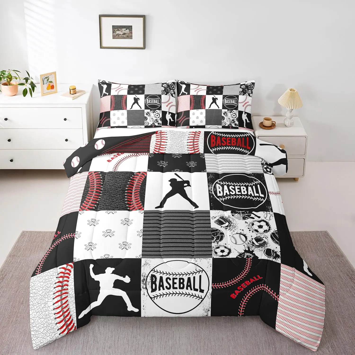 Feelyou Kids Sports-Themed Quilt Bedding Set - Soft Quilted Comforter with Patches, Multi-Size Patchwork Down Duvet Insert, Red Black Gray Travel-Friendly Blanket, Ideal Gift for Baseball Fans