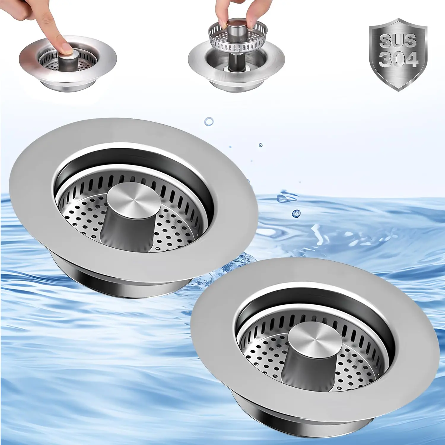 Kitchen Sink Drain Strainer & Pop-up Sink Stopper, 3-in-1 Upgraded Universal Sink Strainer with Anti-Clogging Basket, Stainless Steel Filter, Cleaning Brush for US Standard 3-1/2 Inch Drain