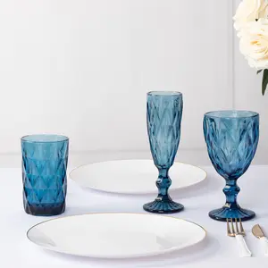 6-Pack Crystal Cut Whiskey Glasses 12oz Textured Design with Heavy Base Ocean Blue 5" - Highball Tumblers for Cocktails & Drinks