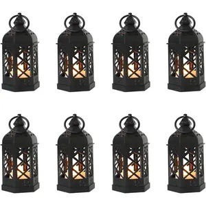 8-Pack Mini Lanterns with Flickering LED Candles for Ramadan, Moroccan Decorative Hanging Lanterns for Halloween, Christmas, Wedding, Black Lantern for Table Centerpiece, Home & Party Decor