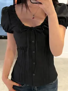 Pure Color Round Neck Bow Tie Button Shirt Blouse Y2K Bubble Short Sleeve Korean Style Cute Spring Summer Top for Girls
