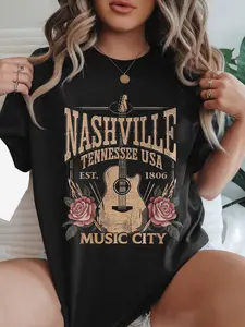 Women's Vintage Nashville T-Shirt, Music City USA Aesthetic Floral Design with Guitar and Roses, Soft Comfortable Top, for Casual Outfits and Travel