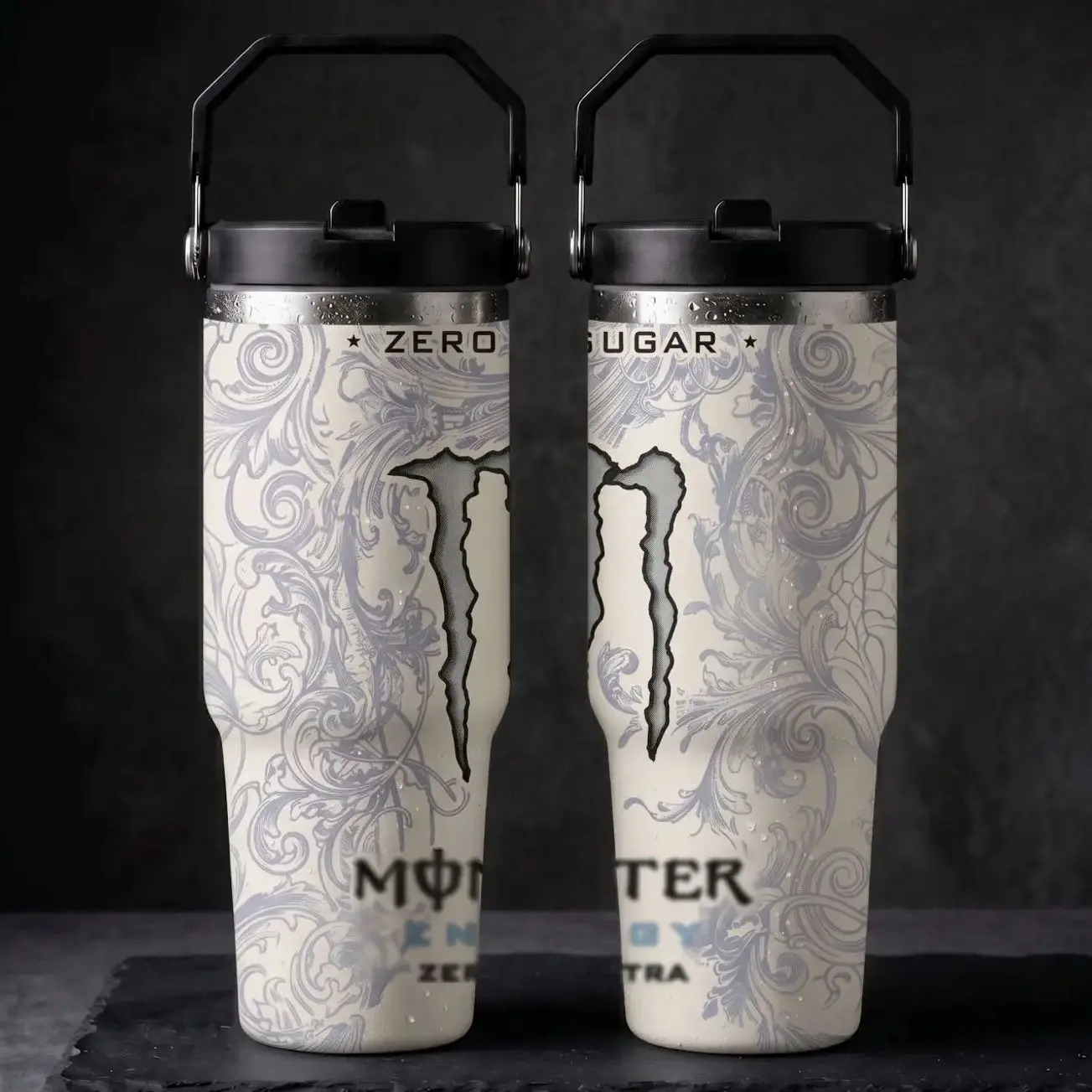White Monster Energy Drink 30oz Tumbler with Handle & Straw – Stainless Steel Vacuum Insulated Travel Mug, Leak Resistant Cup for Coffee, Water & Energy Drinks