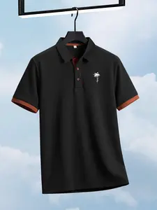 Men's Fashion Print Polo Shirt, Creative Simple Horse Pattern Short Sleeve Collared Top, Collar and Color Block Sleeves, Summer Casual Golf Shirt