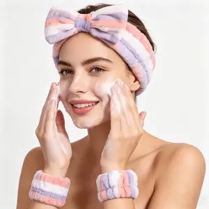 3pcs Set Cute Plush Bow Face Washing Headband + 2pcs Wristbands, Soft Coral Material, Comfortable Skincare Accessories, Ideal for Spa & Home Use