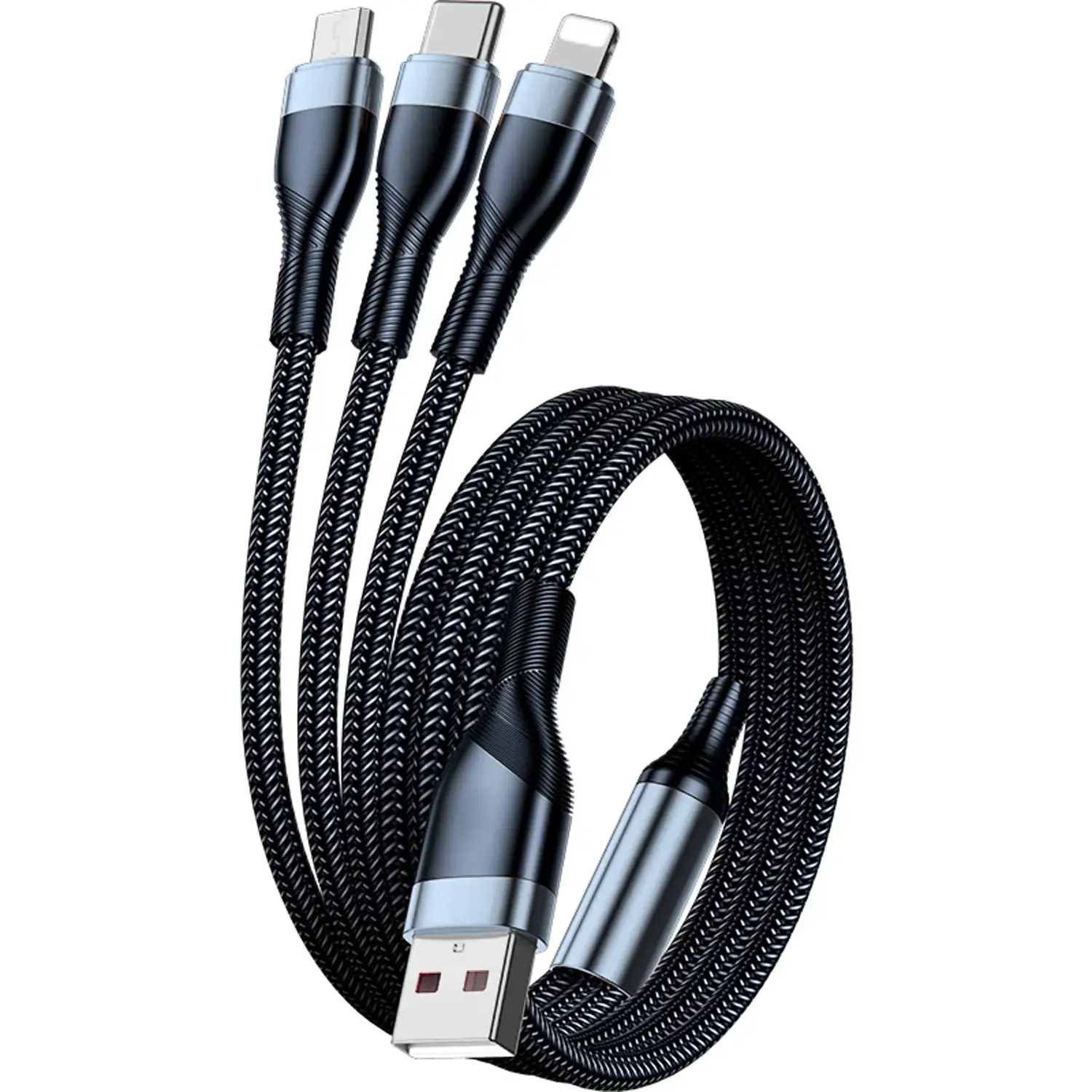 FUFFI - Three-In-One Durable Fast Charging Data Cable, 65w Super Quick Charge, One-To-Three Port, Compatible with iPhone Samsung Xiaomi Motorola Smartphone Tablets
