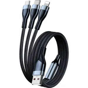 FUFFI - Three-In-One Fast Charging Data Cable, 65w Super Quick Charge, One-To-Three Port, Compatible with iPhone Samsung Xiaomi Motorola Smartphone Tablets