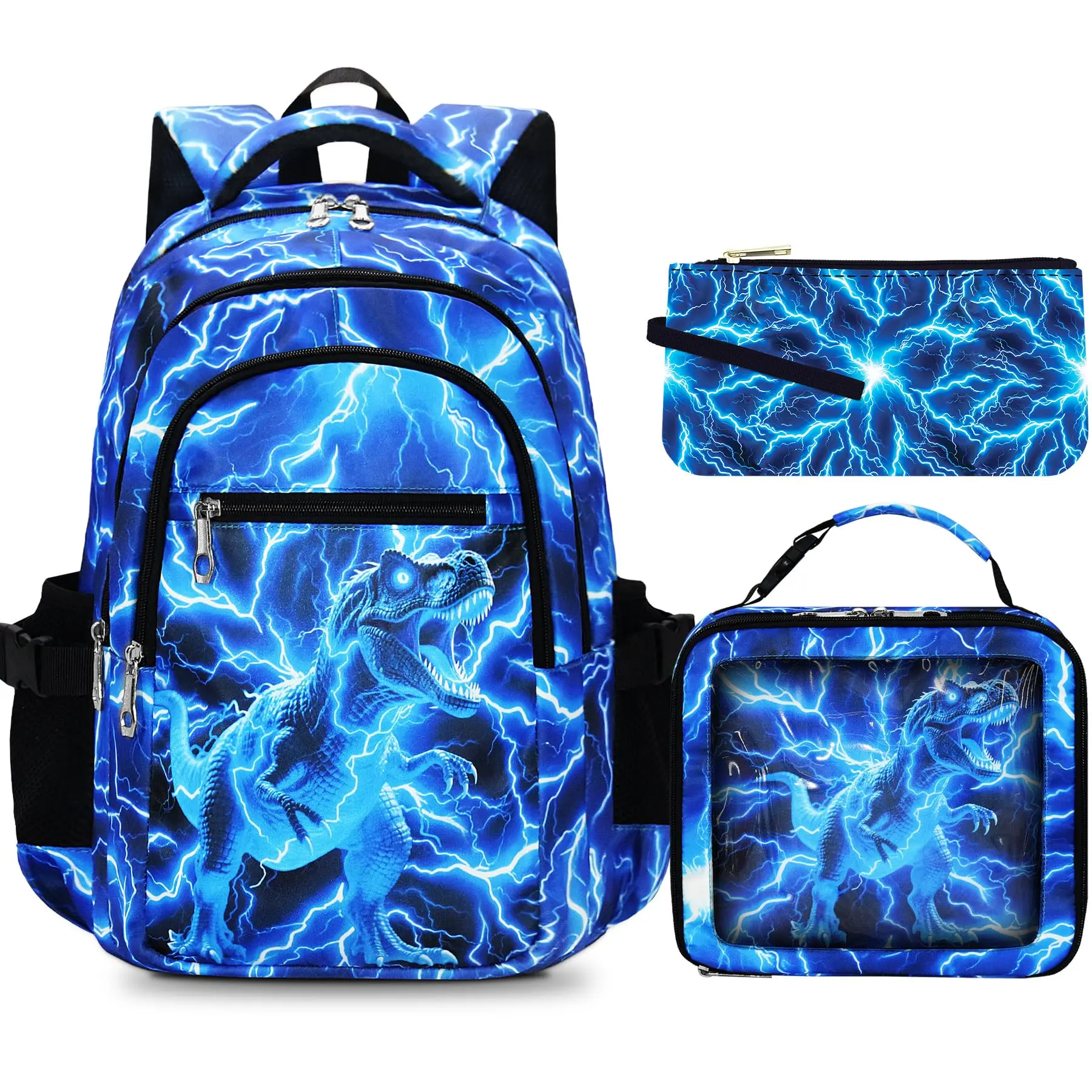 Boys' 3-Piece Dinosaur Backpack Set - 17 in Large Capacity Polyester School Bag with Lunch Bag, Pencil Case, Multiple Pockets for Kids Ages 6+, Organize Items for Elementary Students