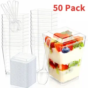 5oz Crystal Plastic Dessert Cups with Lids & Spoons - Disposable Square Parfait Cups for Mousse, Tiramisu, Pudding, Party & Catering