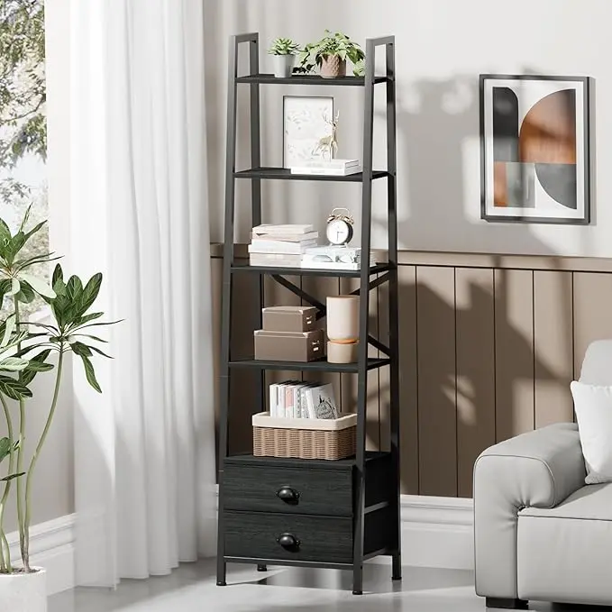 Tydimor 5-Tier 64"H Industrial Bookshelf with 2 Removable Drawers ,Black Oak