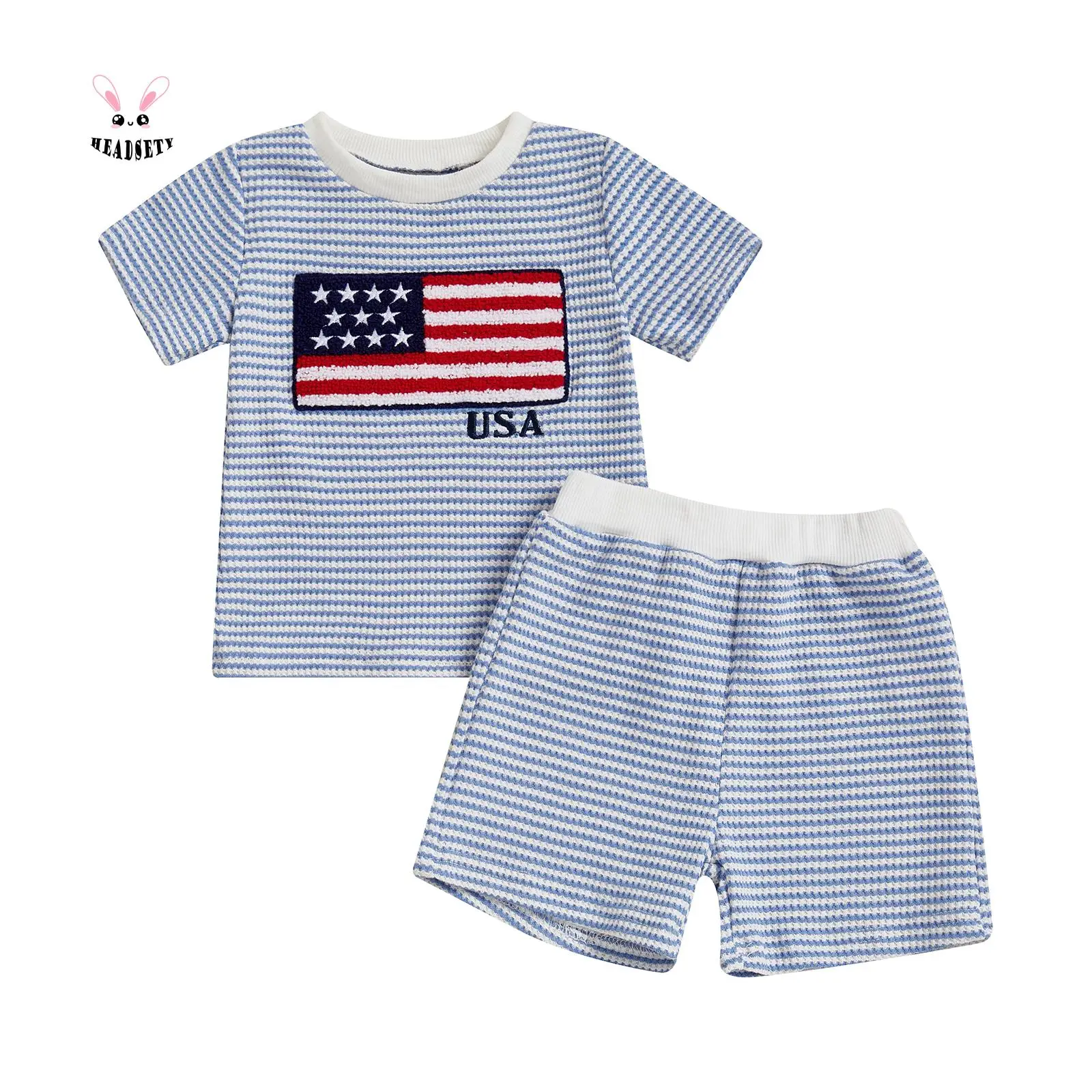Toddler Baby 4th of July Outfit American Flag Embroidery Striped Crew Neck Short Sleeve T-Shirt and Shorts 2 Pcs Set
